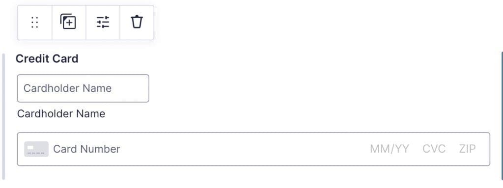 Square Credit Card Field in the Gravity Forms Visual Editor showing the Cardholder Name input and the Credit Card Number combined field with Card Number, Expiration Date, CVD and Postal Code