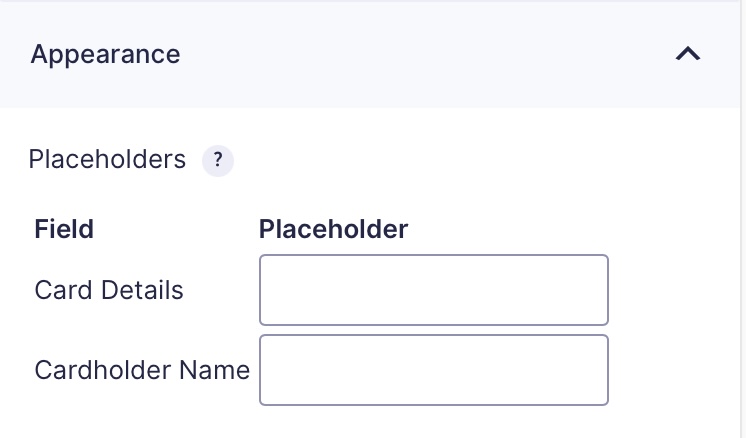 Placeholder Settings for the Square Credit Card field, allowing override of the Cardholder Name and Card Details.