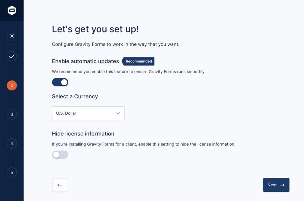 Setup Wizard screen showing automatic updates, currency selection and the option to hide license information.