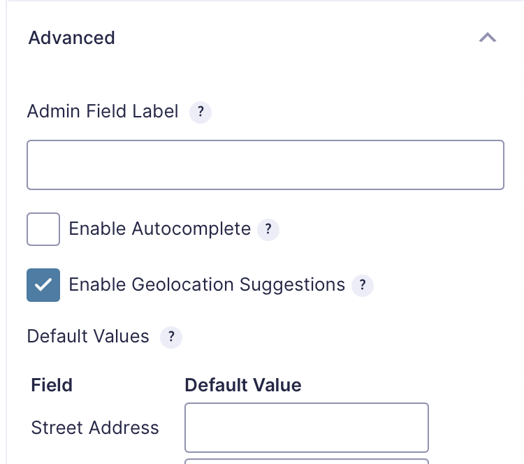 Advanced Settings showing Enable Geolocation Suggestions for Address Field Settings