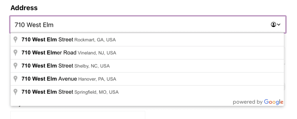 Geolocation suggestions provided in Address Field.