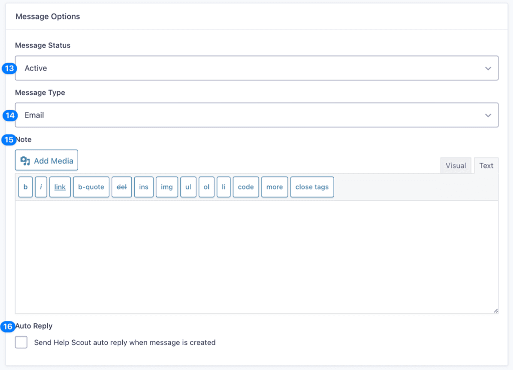 Message Options screen for the Help Scout Gravity Forms Add-On