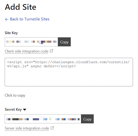 screenshot of the Turnstile Site Key and Secret Key after adding a domain