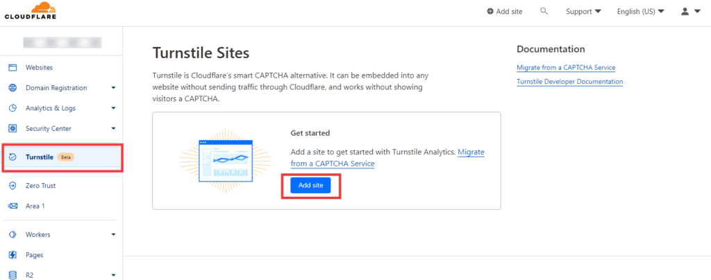 screenshot of the Add Site flow in the Cloudflare Turnstile dashboard