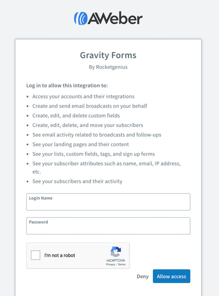 screenshot of the login screen to connect Aweber to Gravity Forms