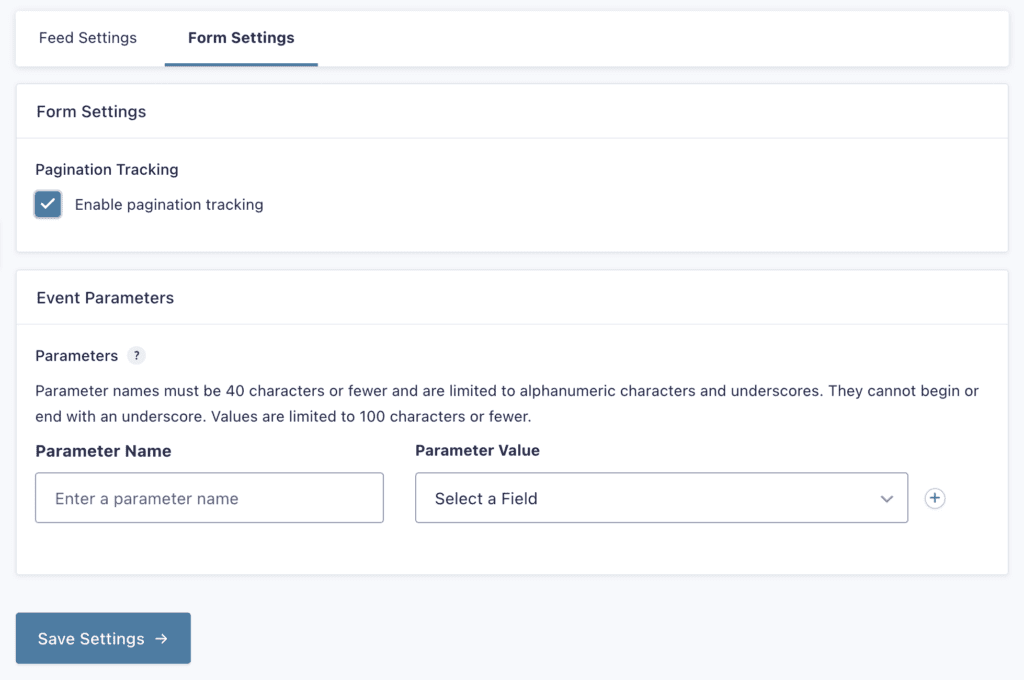 Pagination Tracking events for Google Analytics are input using the Form Settings tab under Form Settings > Google Analytics