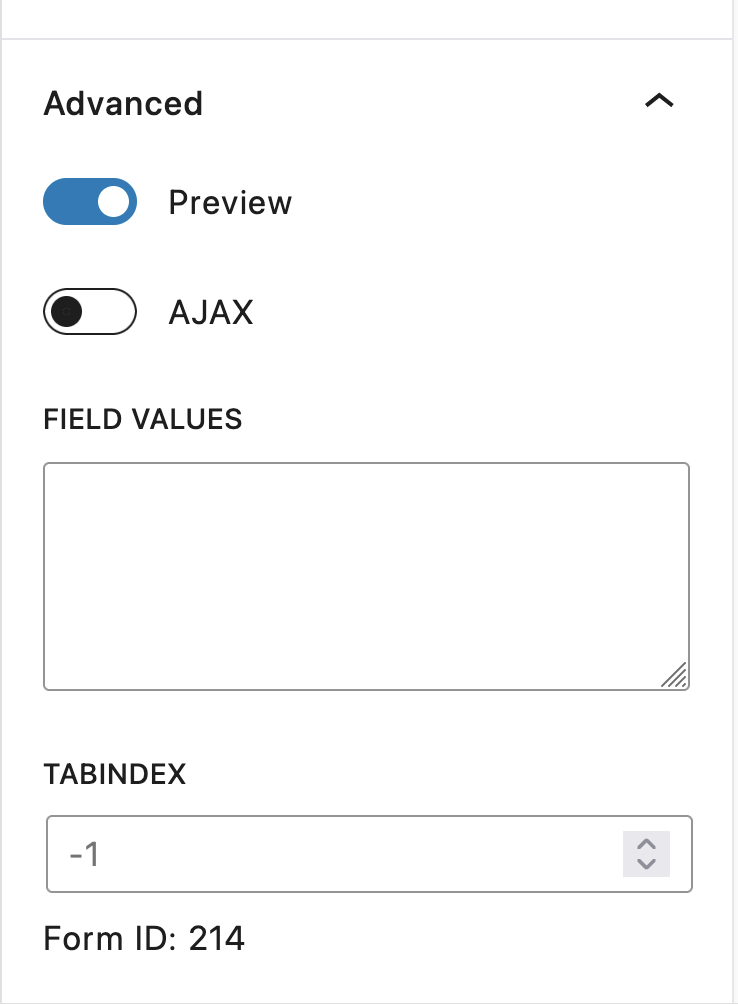 Gravity Forms Block Settings, Advanced Settings Tab containing Preview and Ajax options, Field Values input and Tabindex input.