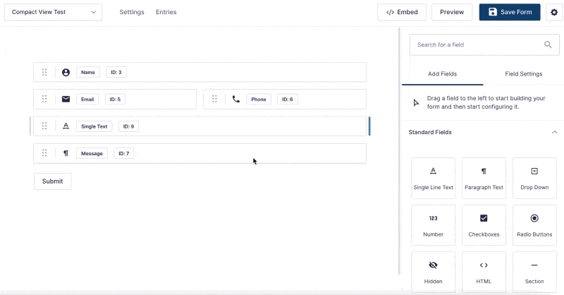 animation dragging and dropping Gravity Forms fields in Compact View