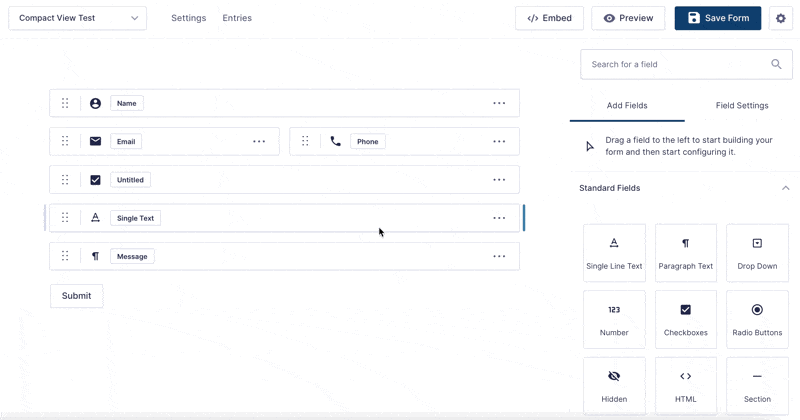 animation of the change in the Gravity Forms editor when disabling Compact View