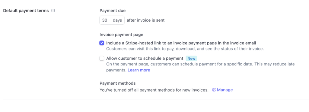 Stripe Invoice Settings Page showing the Default payment terms section where Payment Methods for invoices are managed.