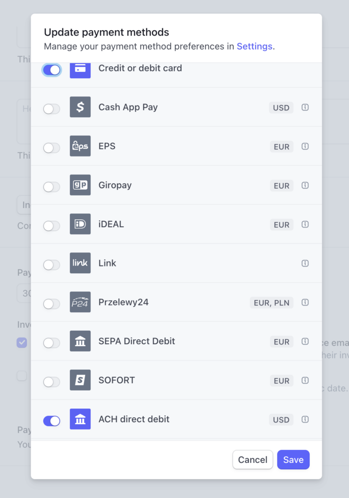 Stripe Manage Payment Options Popup on the Invoice Settings Dashboard.