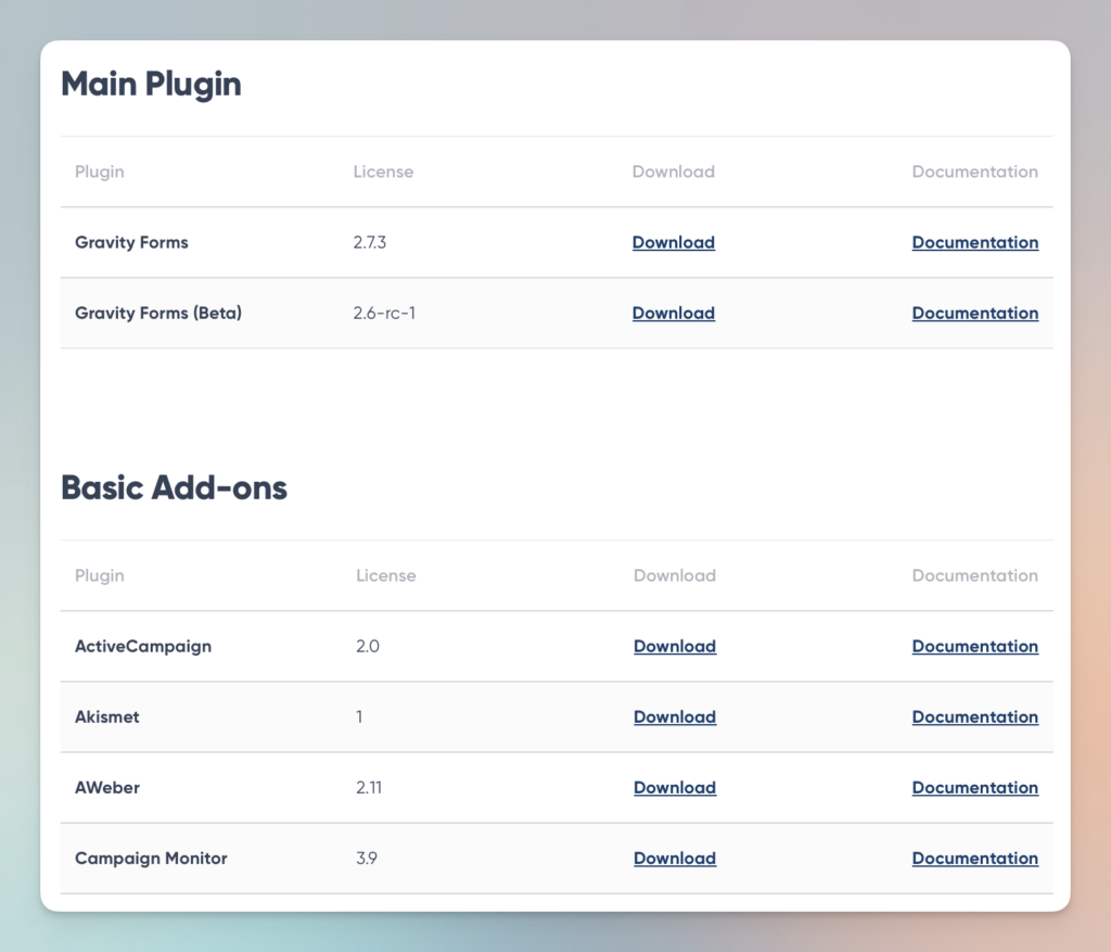 An example of the Gravity Forms account downloads area. 