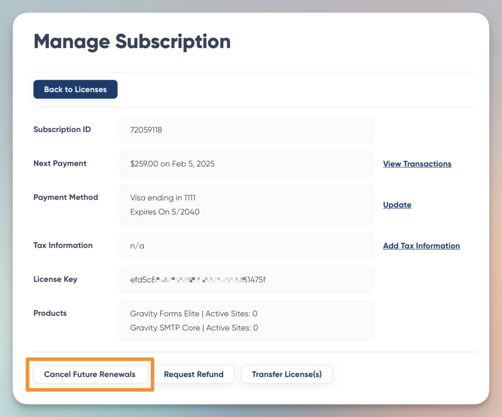 Gravity Forms Manage Subscription screen. 