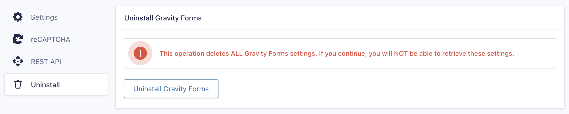 Image showing Uninstall Settings for Gravity Forms