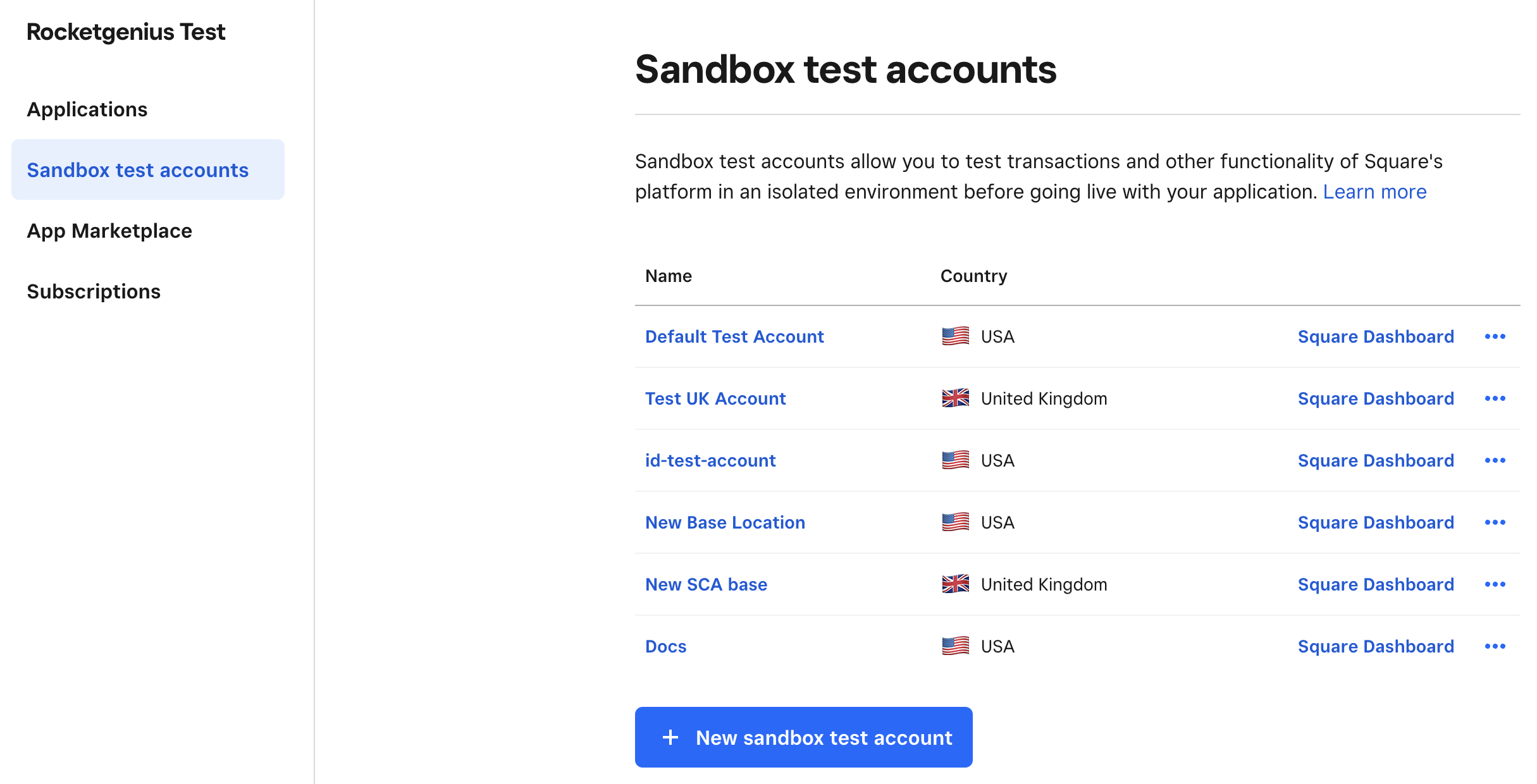 Image showing Square Sandbox test accounts dashboard.