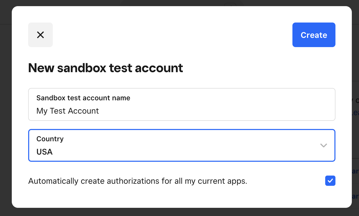 Image showing Sanbox test account settings