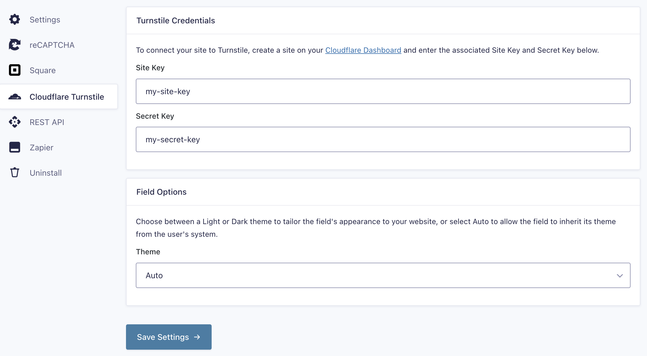 Image showing Gravity Forms Turnstile Add-On settings page.