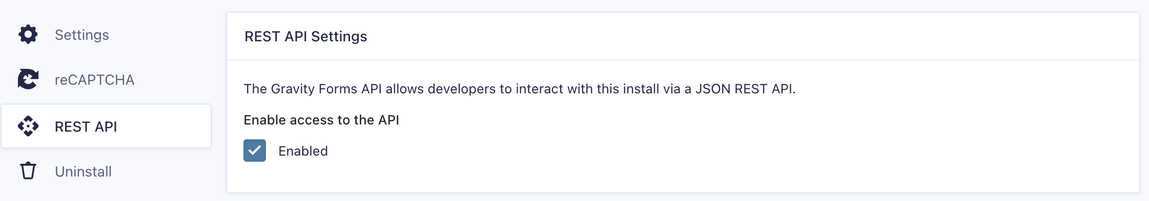 Image showing the Gravity Forms REST API as enabled