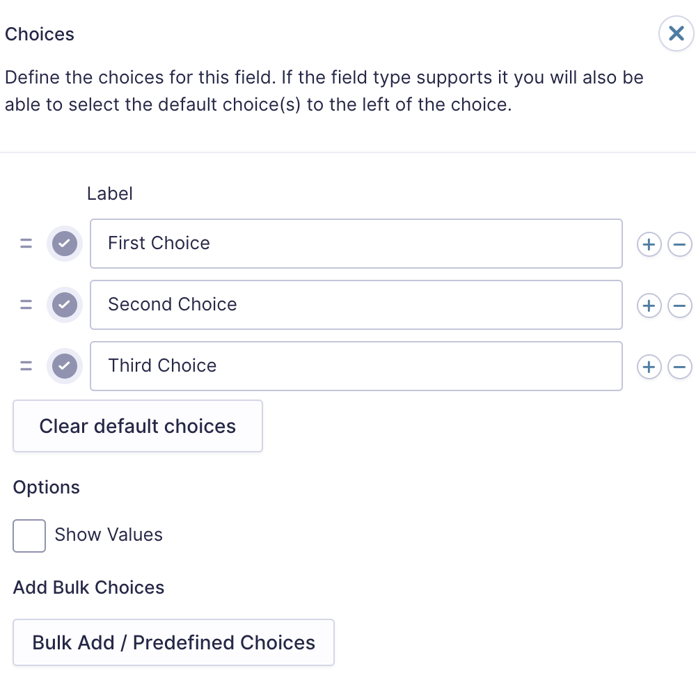 Image showing the Multiple Choice field flyout options.