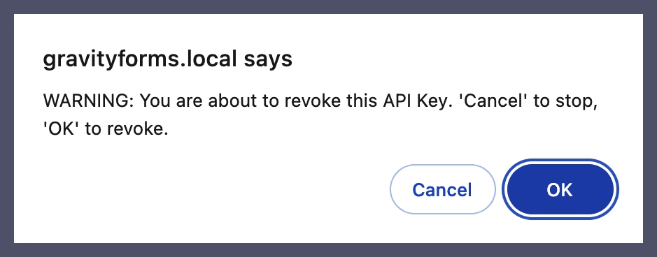 Image showin a pop up to confirm API Key deletion