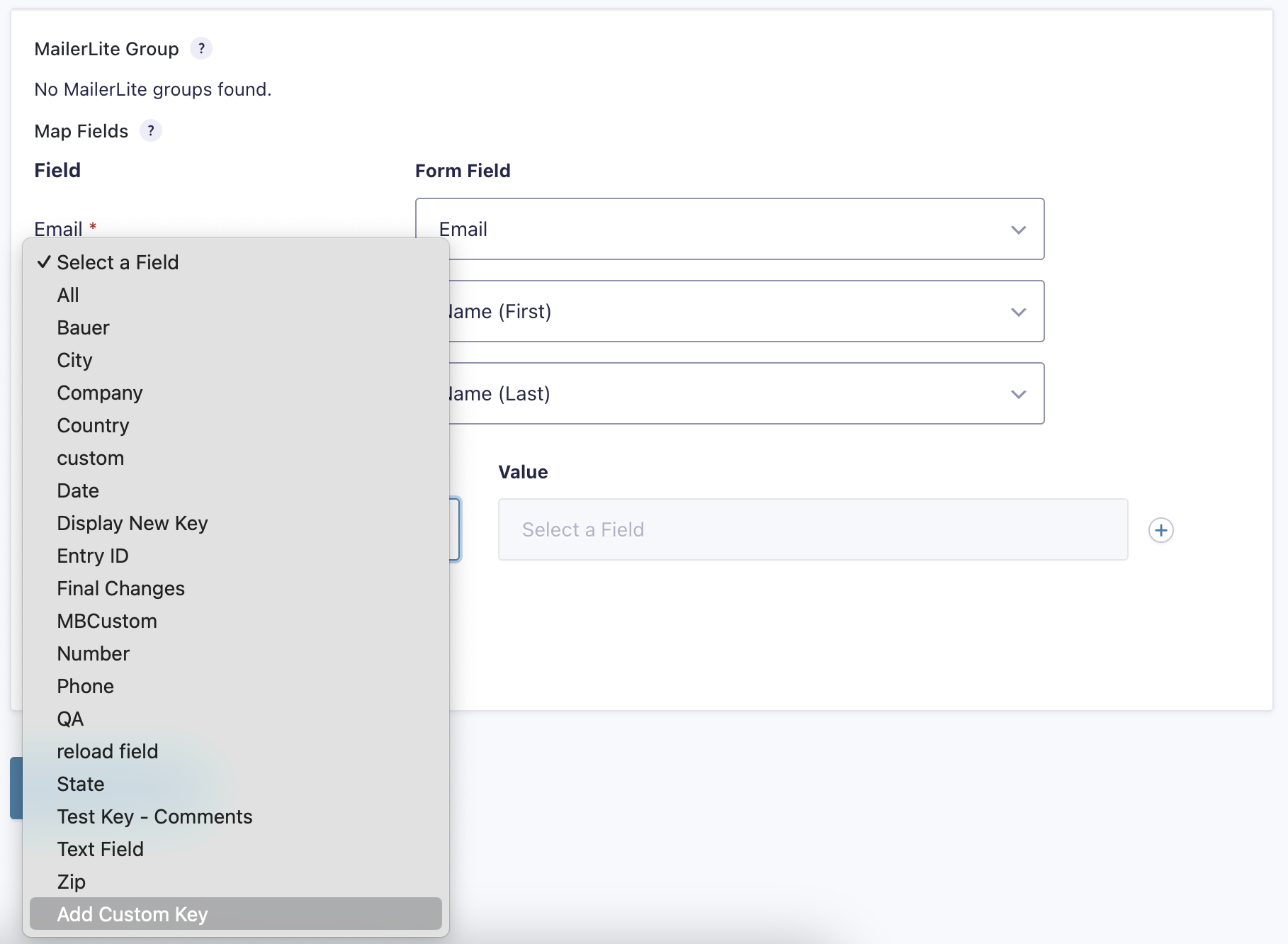 Image showing hwo to map custom fields in the MailerLite Feed Settings.