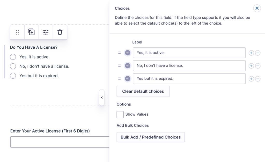 Image showing a Radio Buttons field choices flyout.