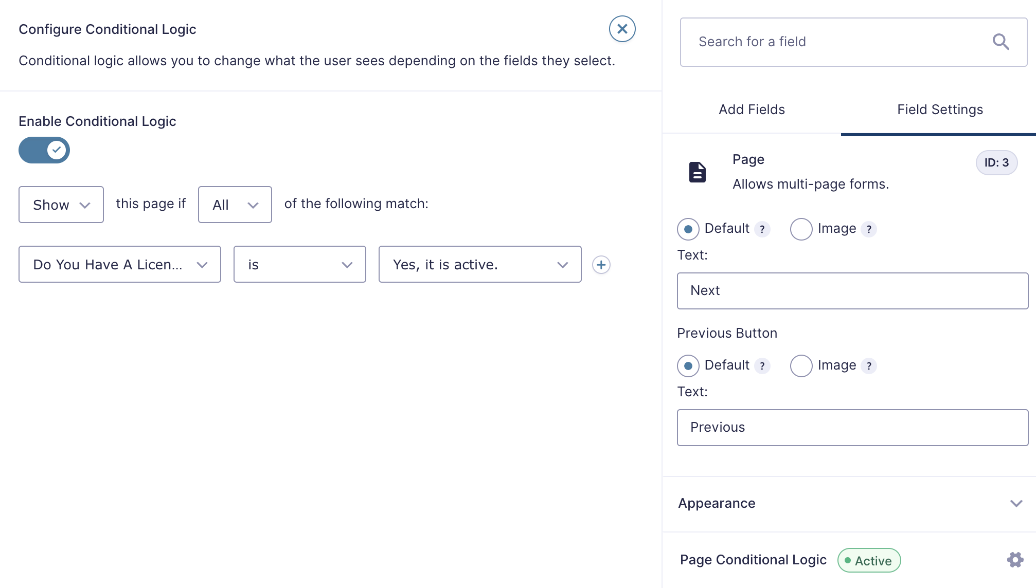 Image showing Page conditional logic settings.