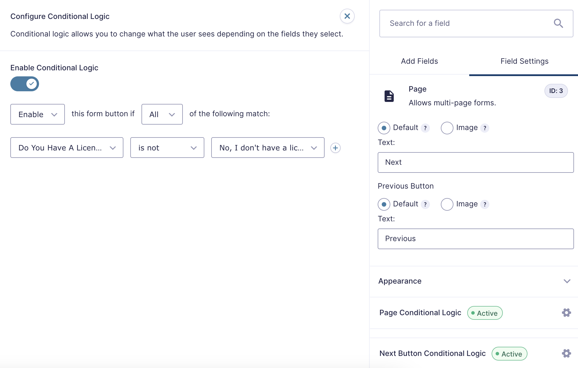 Image showing Next button conditional logic.