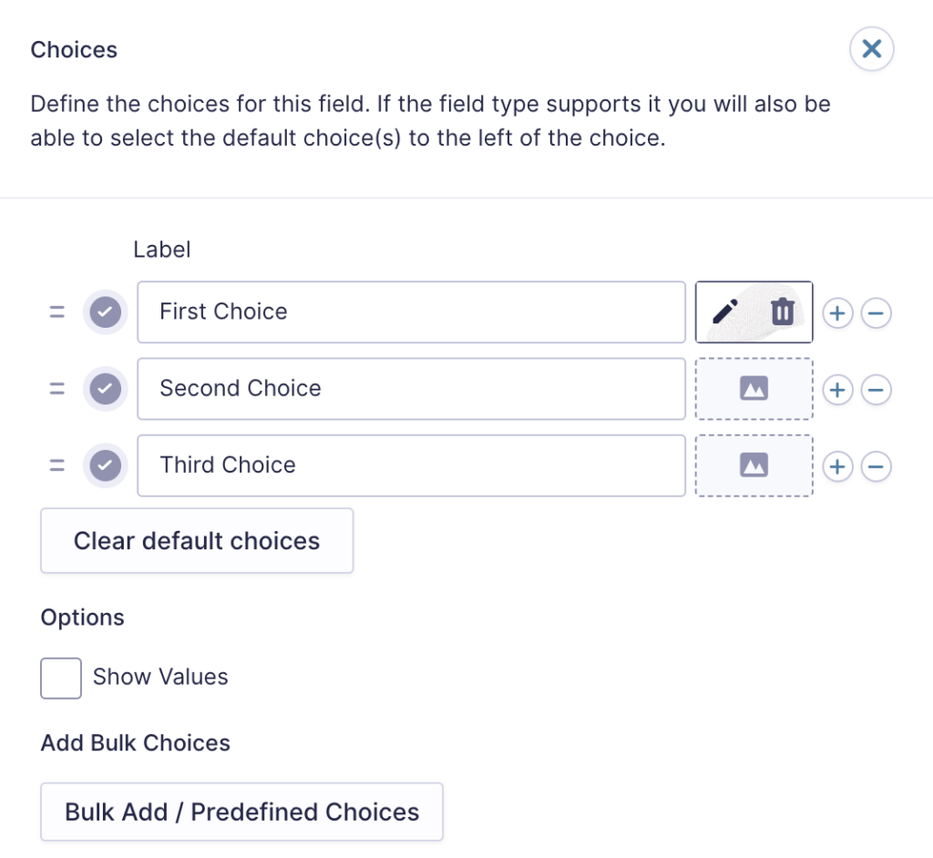 Image showing hover actions in the Image Choice field.