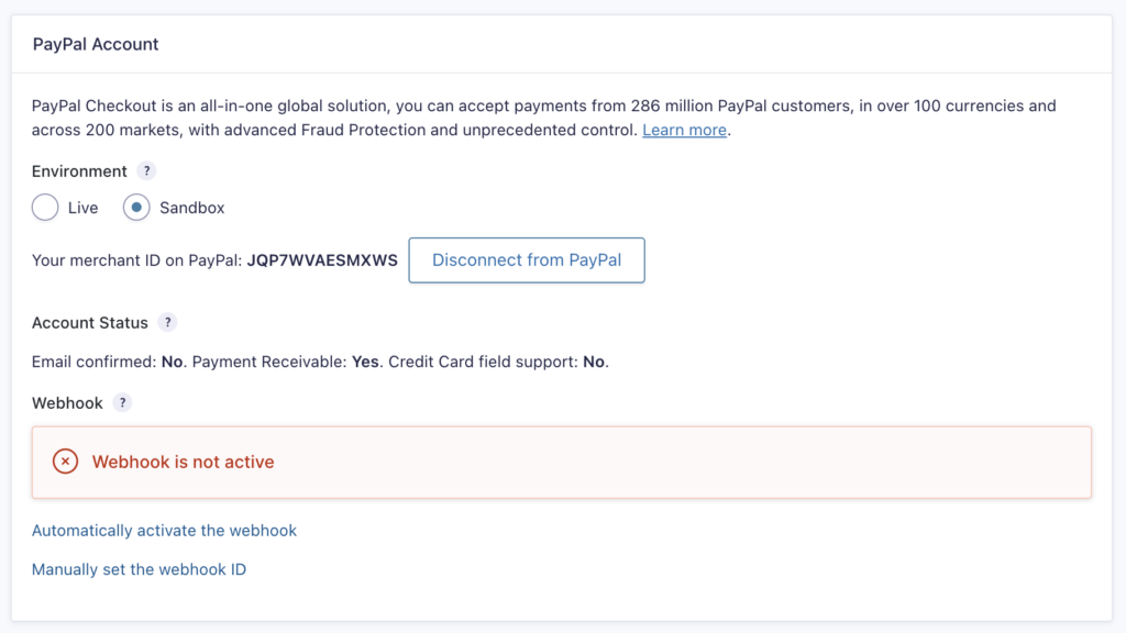 PayPal webhooks setup.