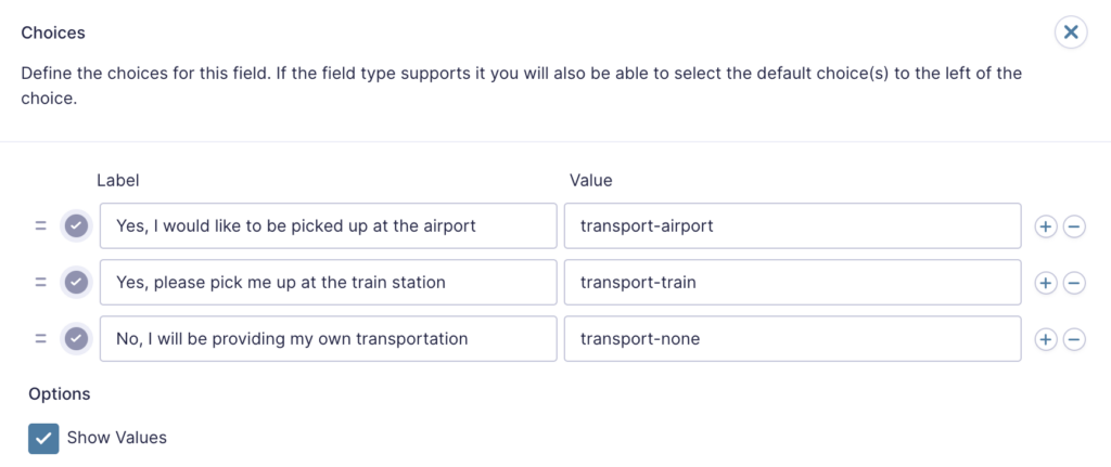 Image showing different choice label and values