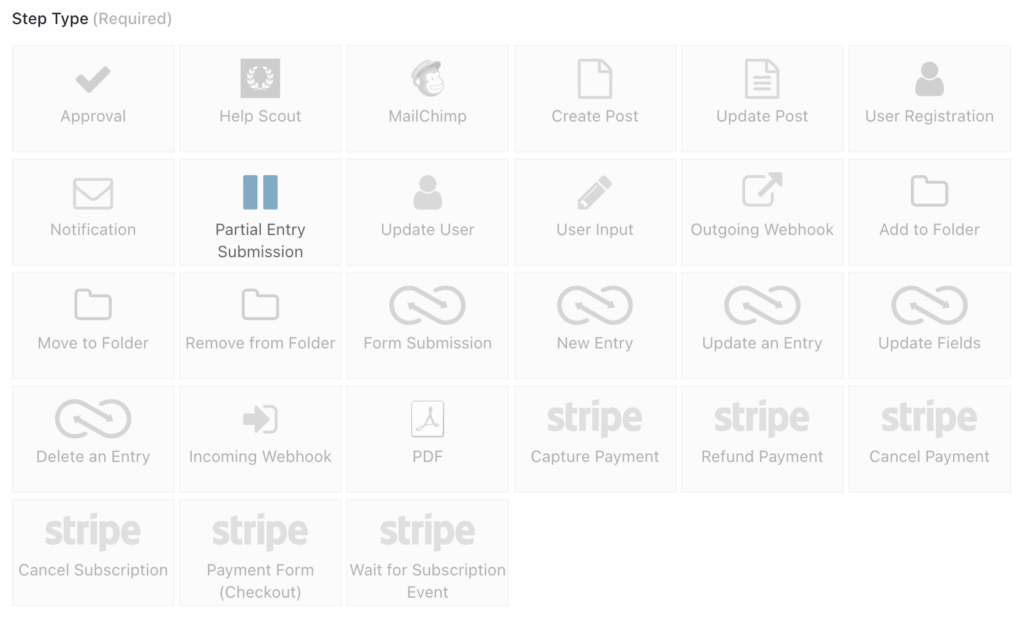 Screenshot displaying the available step types, including the new Partial Entry Submission step.