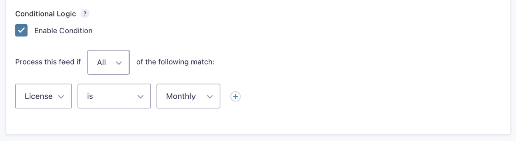 Image showing Conditional Logic settings for a payment feed