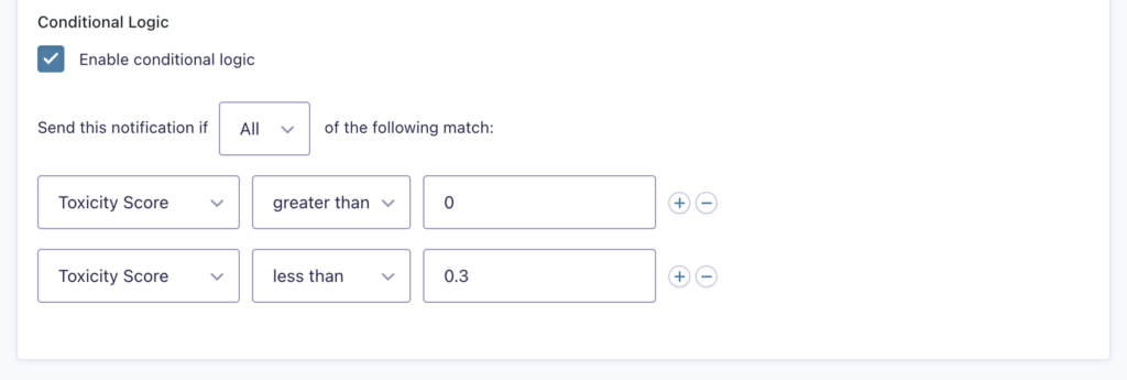 Image showing Conditional Logic settings for a form Notification