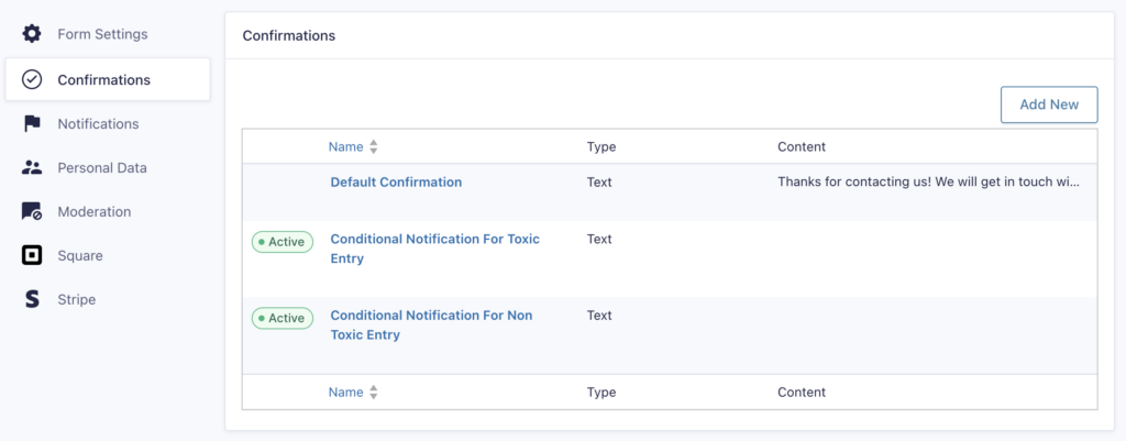 Image showing Confirmation settings for a form