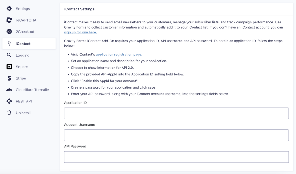 Image showing iContact Settings.