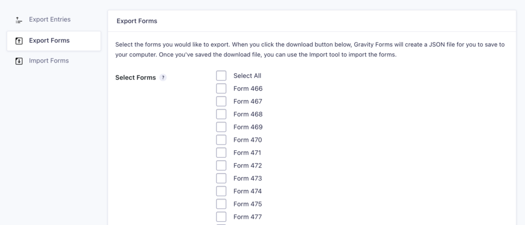 Image showing a list of all forms available for export.