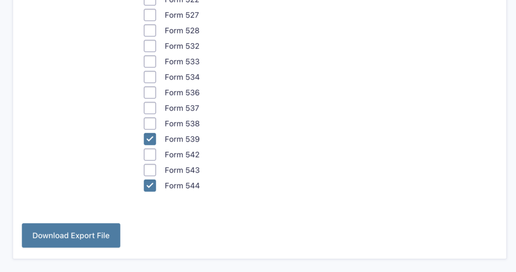 Image showing seleced forms to be exported.