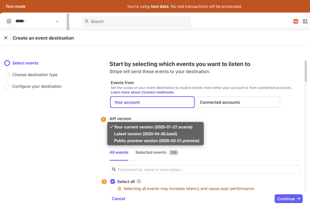 Test Stripe Webhook event destination settings API and Events
