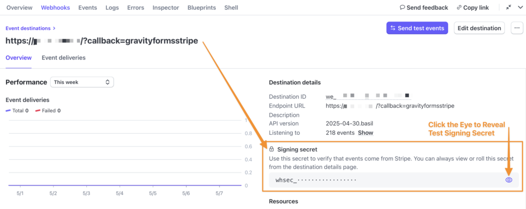 Test Stripe Endpoint Overview showing Signing Secret location in settings screen.