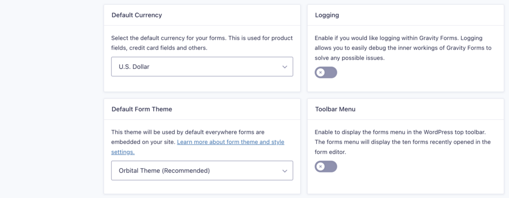 Gravity Forms Settings Page