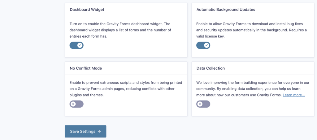 Gravity Forms Settings Page