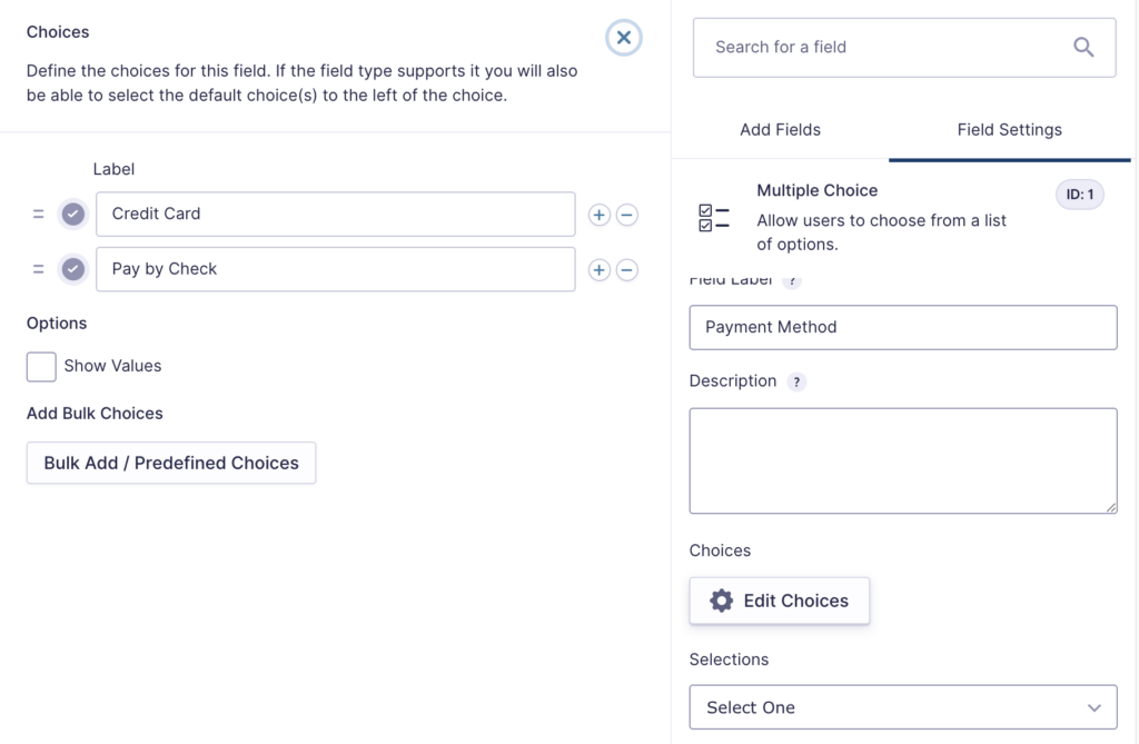 Image showing Multiple Choice settings