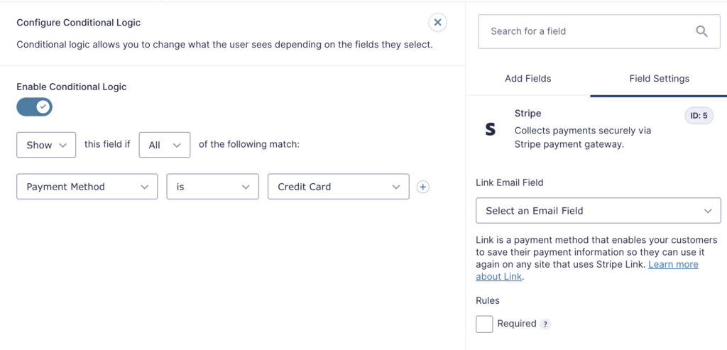 Image showing Stripe field Conditional Logic settings