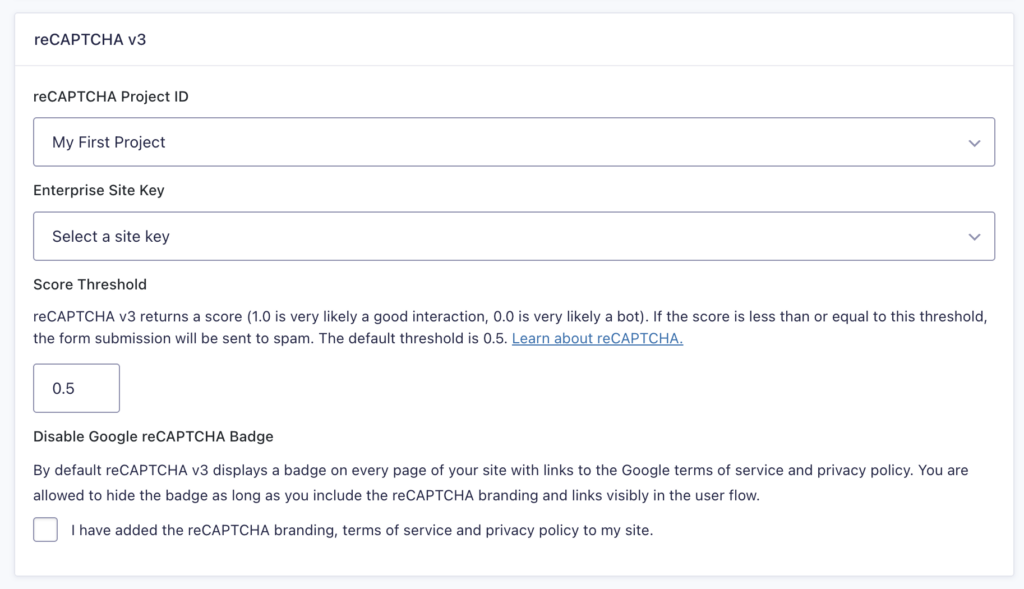 Image showing reCAPTCHA v3 Enterprise Settings