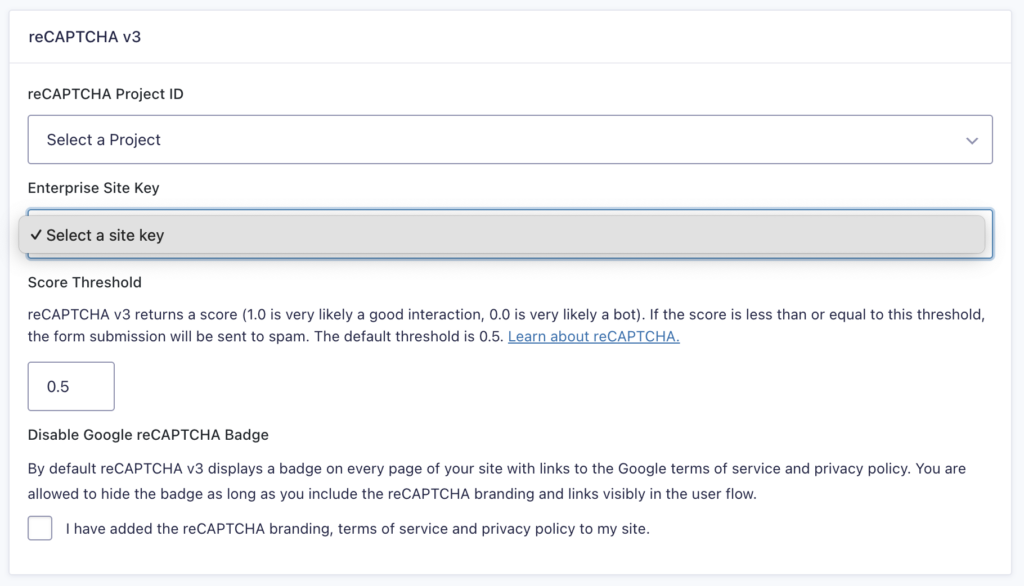 Image showing Google Cloud Projects reCaptcha keys available for the selected project.