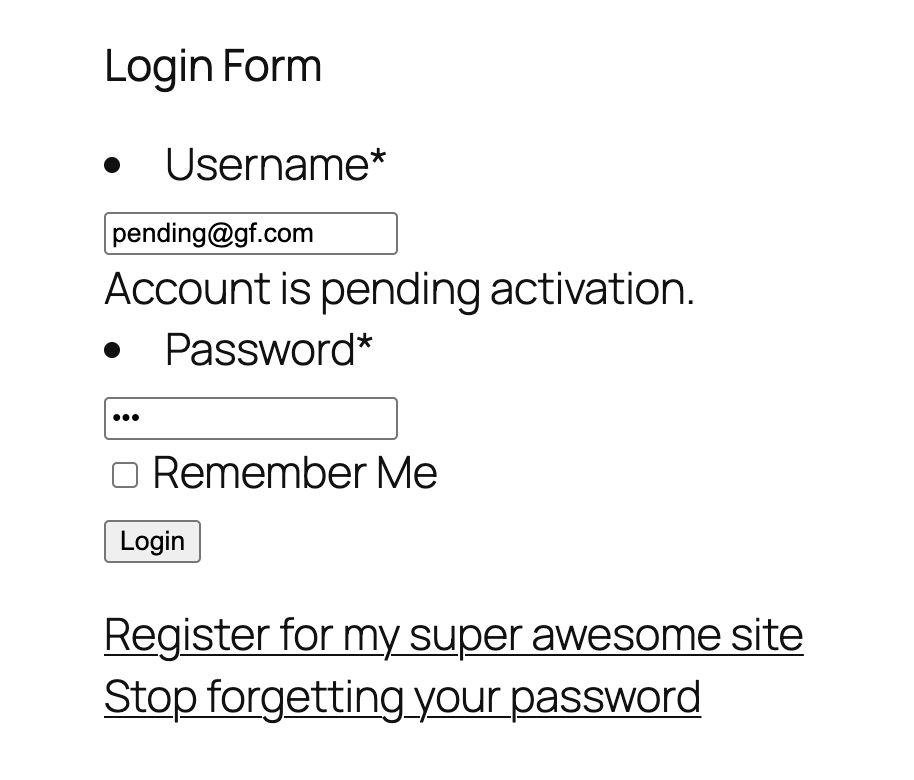 Image showing Account is pending activation message with the User Registration Add-On Login Form Shortcode