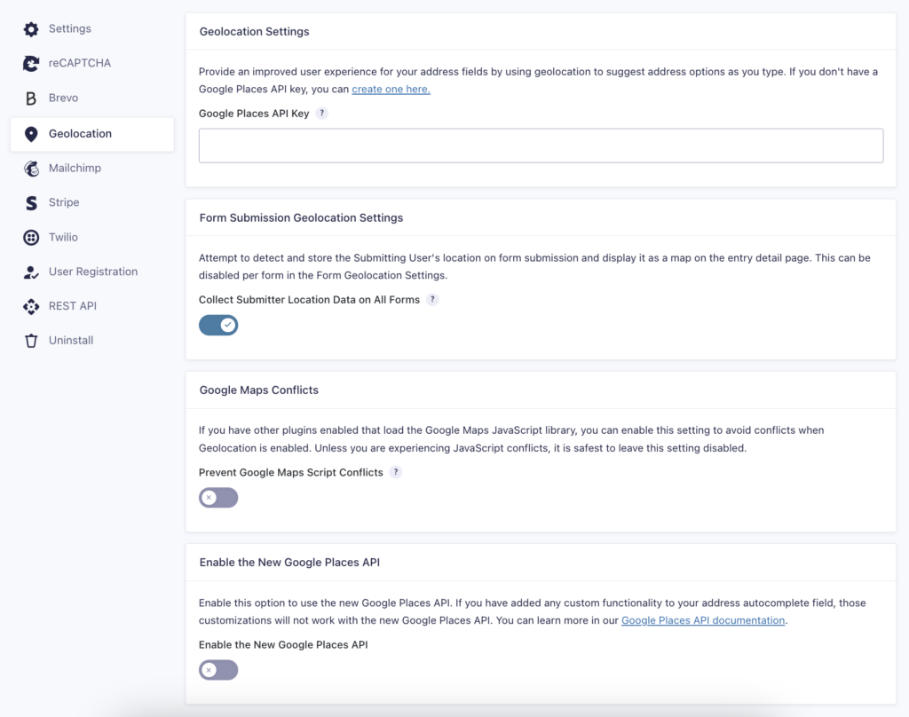 Geolocation Add-on Settings Reference accessed under Gravity Forms Setttings Page