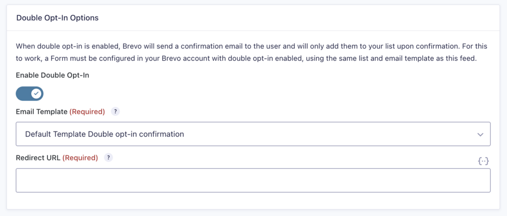 Image showing Double Opt-In Settings for the Brevo feed