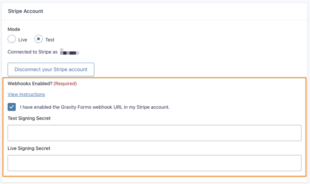 Webhook configuration settings for Stripe Add-on